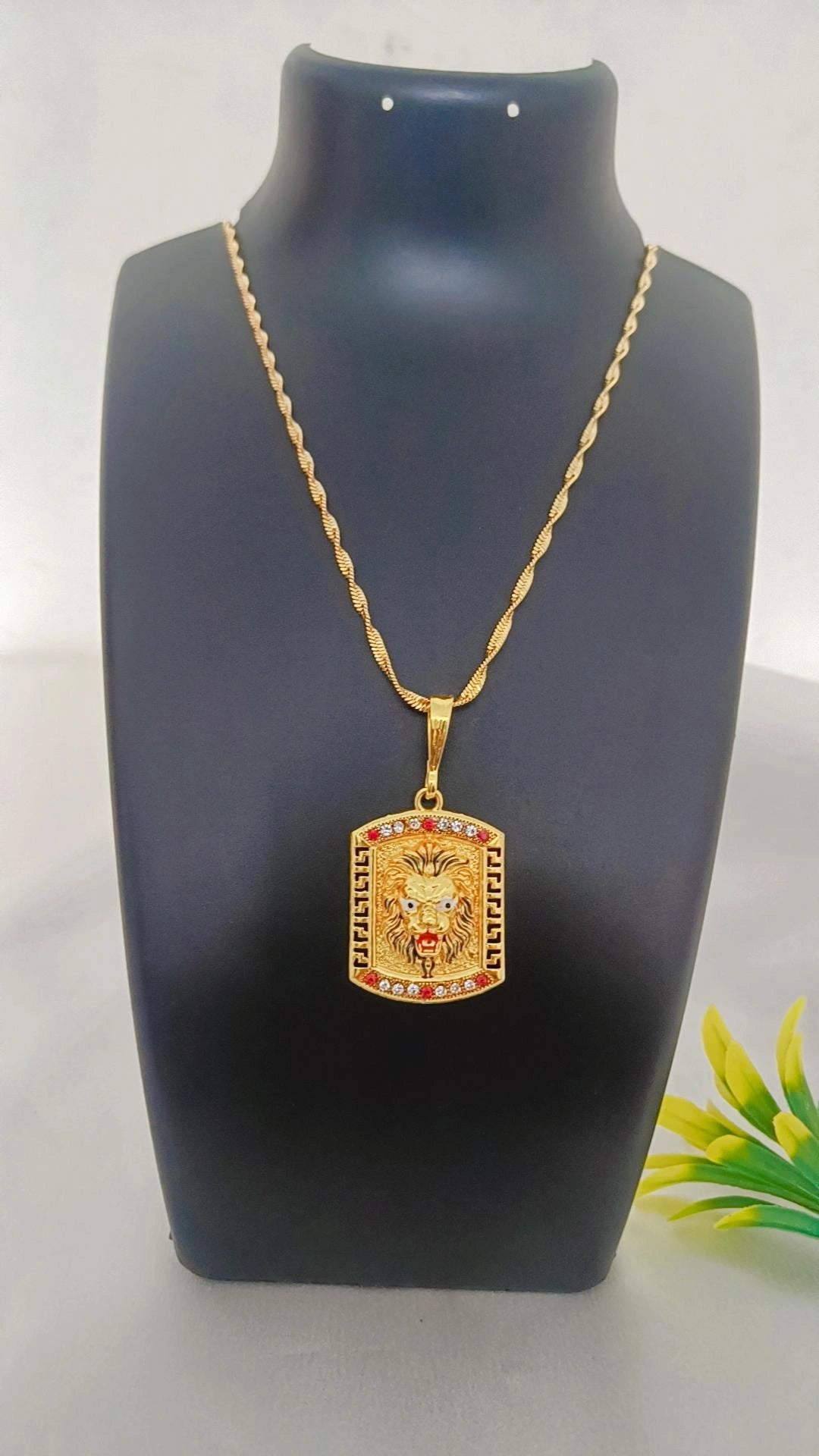 Lion Square Gold Plated Long Time Running Pendant Set For Men