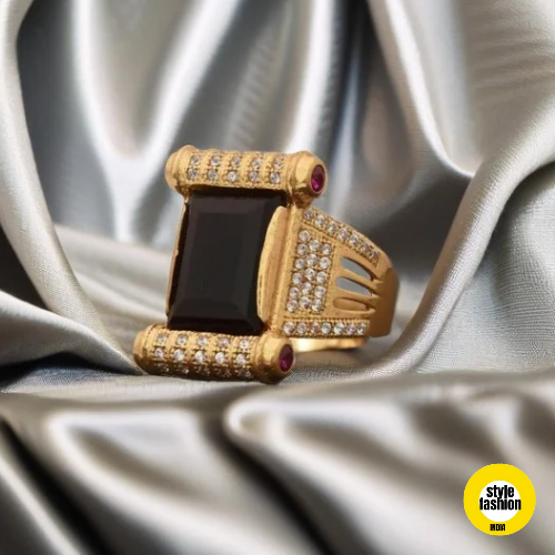 DAMRU DESIGN WITH BLACK STONE GOLD PLATED RING  FOR MEN