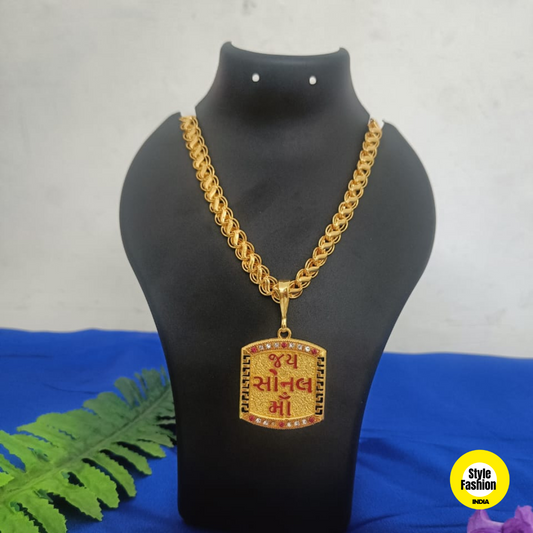 Jay Sonal Maa Logo Gold Pendant With Kohli Design Premium Gold Plated Chain For Men