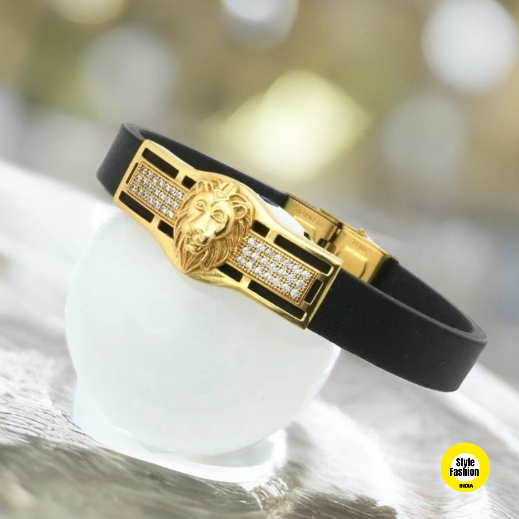 Lion Matt Cube with Diamond Silicon Belt Free Size Premium Quality Bracelet