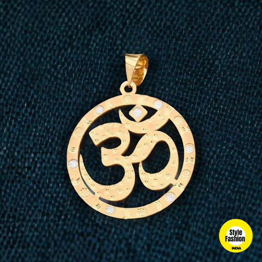 Om With Round Leaf Detail Design Gold Plated Pendant For Men